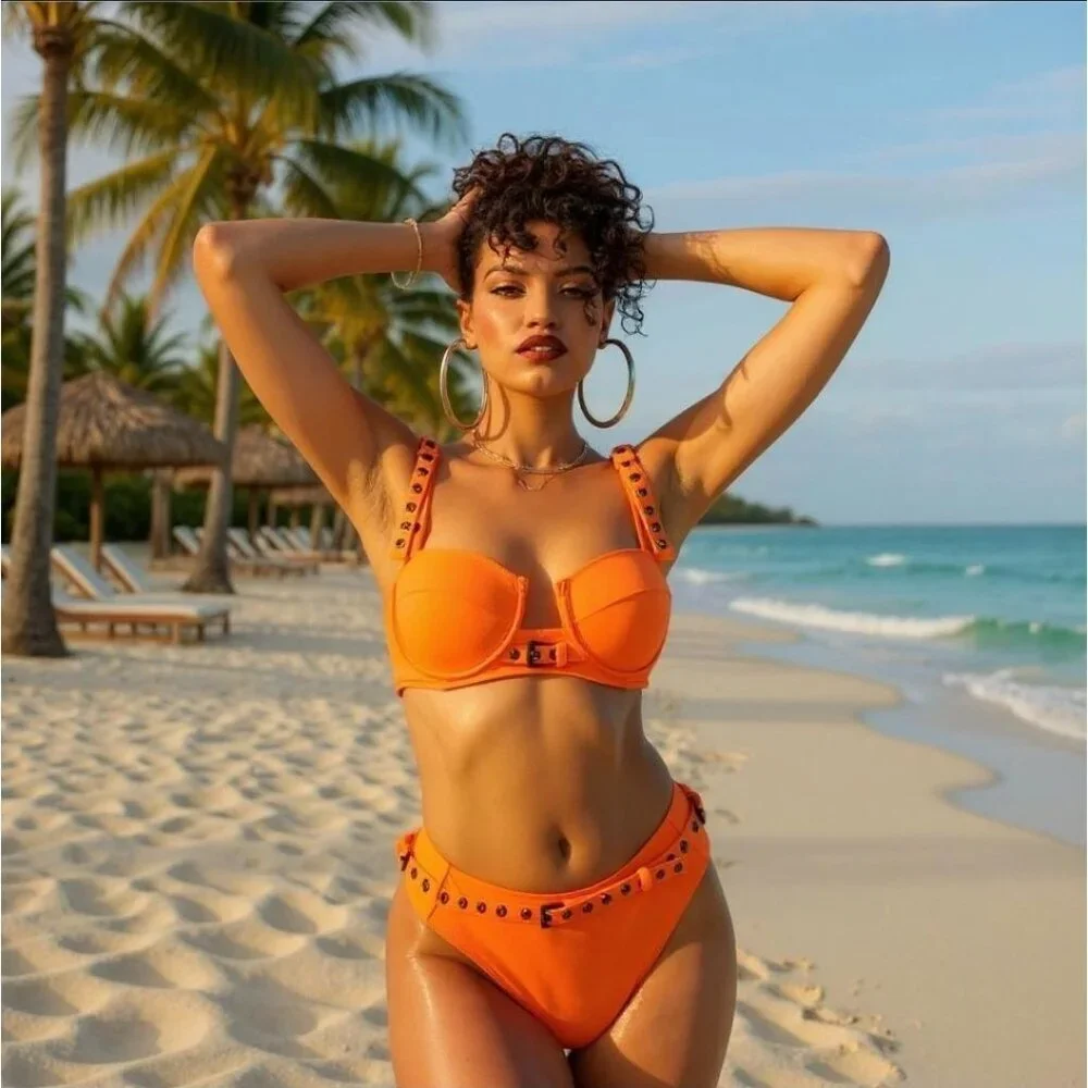 Poster Grl ✦ Sun Showers Buckle Bikini Set ✦ Vibrant Orange Y2K Structured XS
